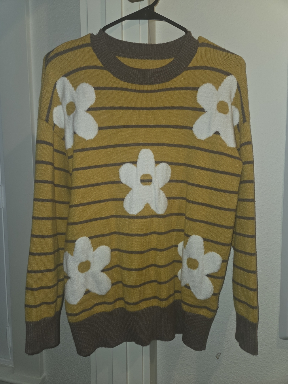 Mustard Stripe Floral Knit Sweater - Womens